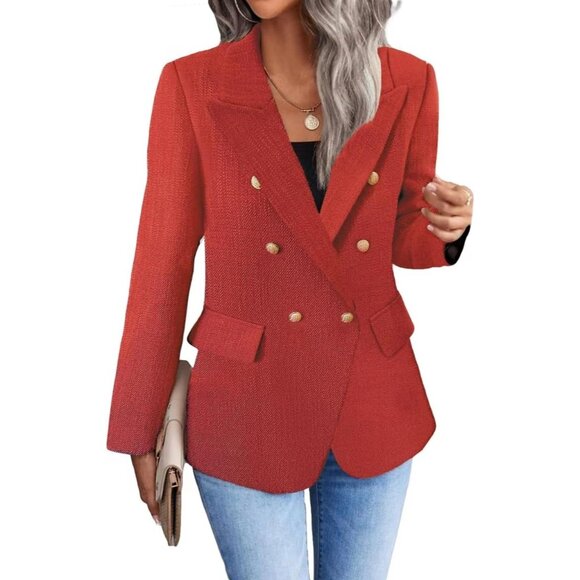 Business Work Tweed Plaid Jacket Suit Pocket -Red - Picture 2 of 6